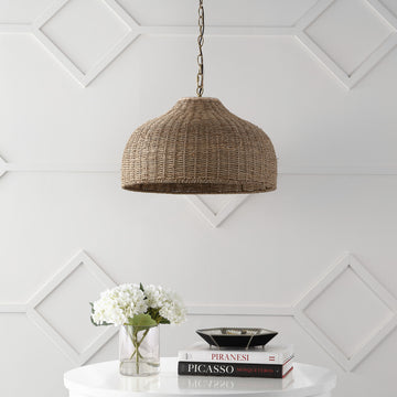 Eliza 20" Coastal Bohemian Rattan/Iron Dome LED Pendant - JONATHAN Y